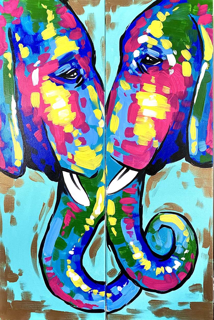 Valentine's Class! Colorful Elephants Date Night - Two Canvases Make One Big Picture!