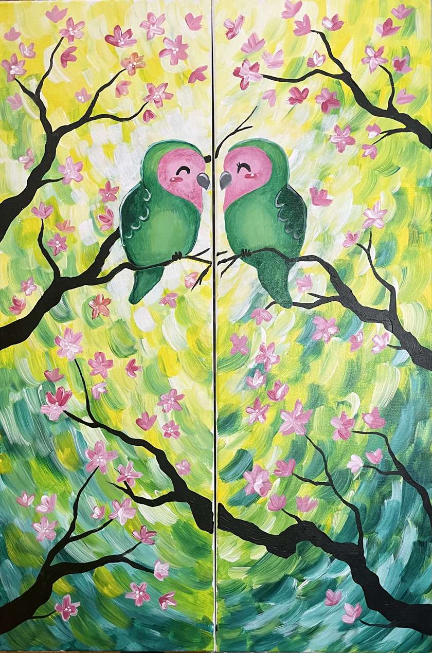 Valentine's Class! Couples Love Birds Date Night - Two Canvases make one big picture!